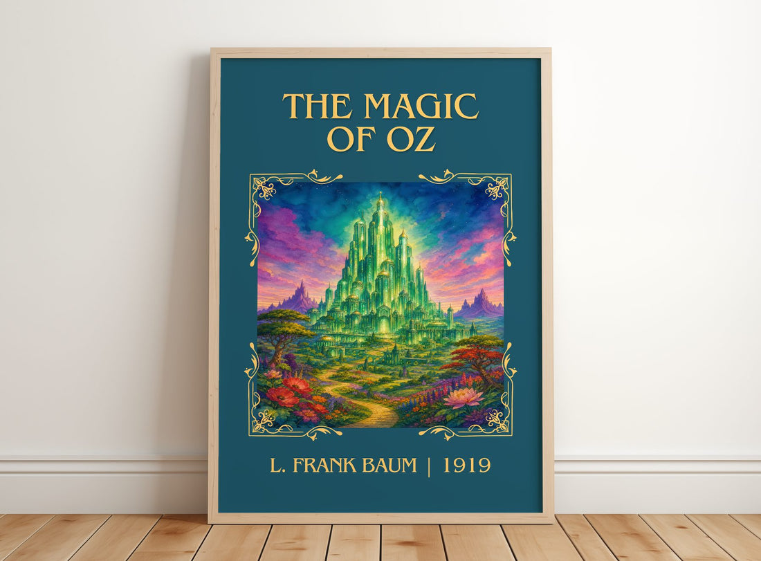 The Magic Of Oz Classic Book Art Print by L. Frank Baum – framed print leaning on a wooden floor