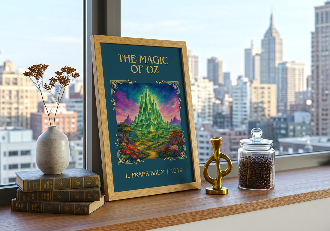 The Magic Of Oz Classic Book Art Print by L. Frank Baum – framed print on a city-view windowsill