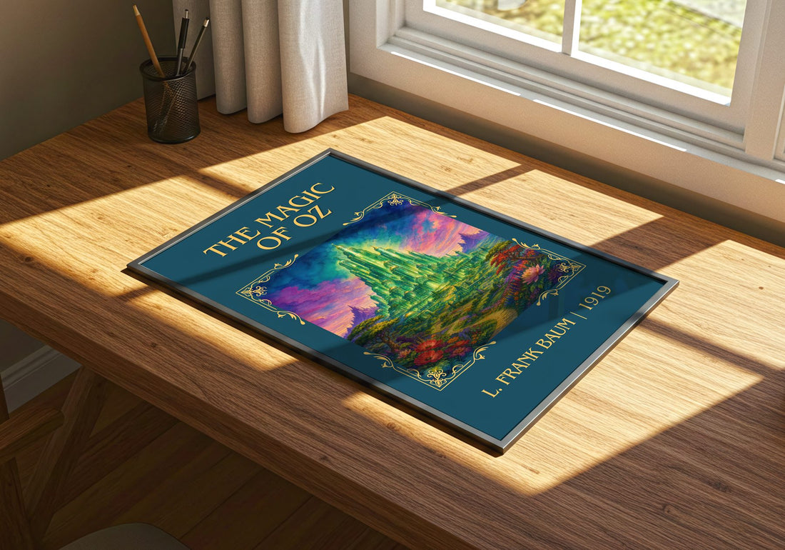 The Magic Of Oz Classic Book Art Print by L. Frank Baum – print on a sunlit desk