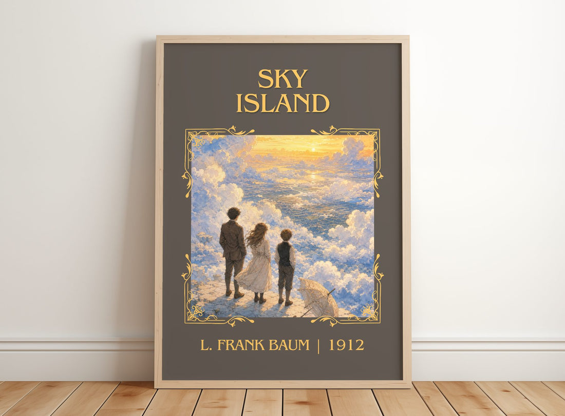 Sky Island Classic Book Art Print by L. Frank Baum – framed print leaning on a wooden floor