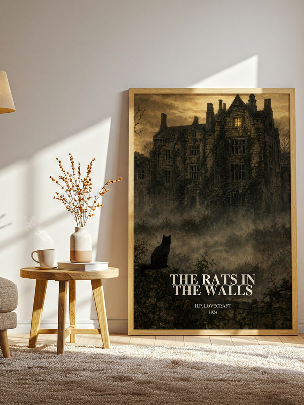 The Rats In The Walls watercolour print in frame leaning in hallway – horror wall art