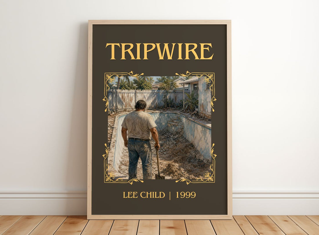 Tripwire Classic Book Art Print by Lee Child – framed print leaning on a wooden floor