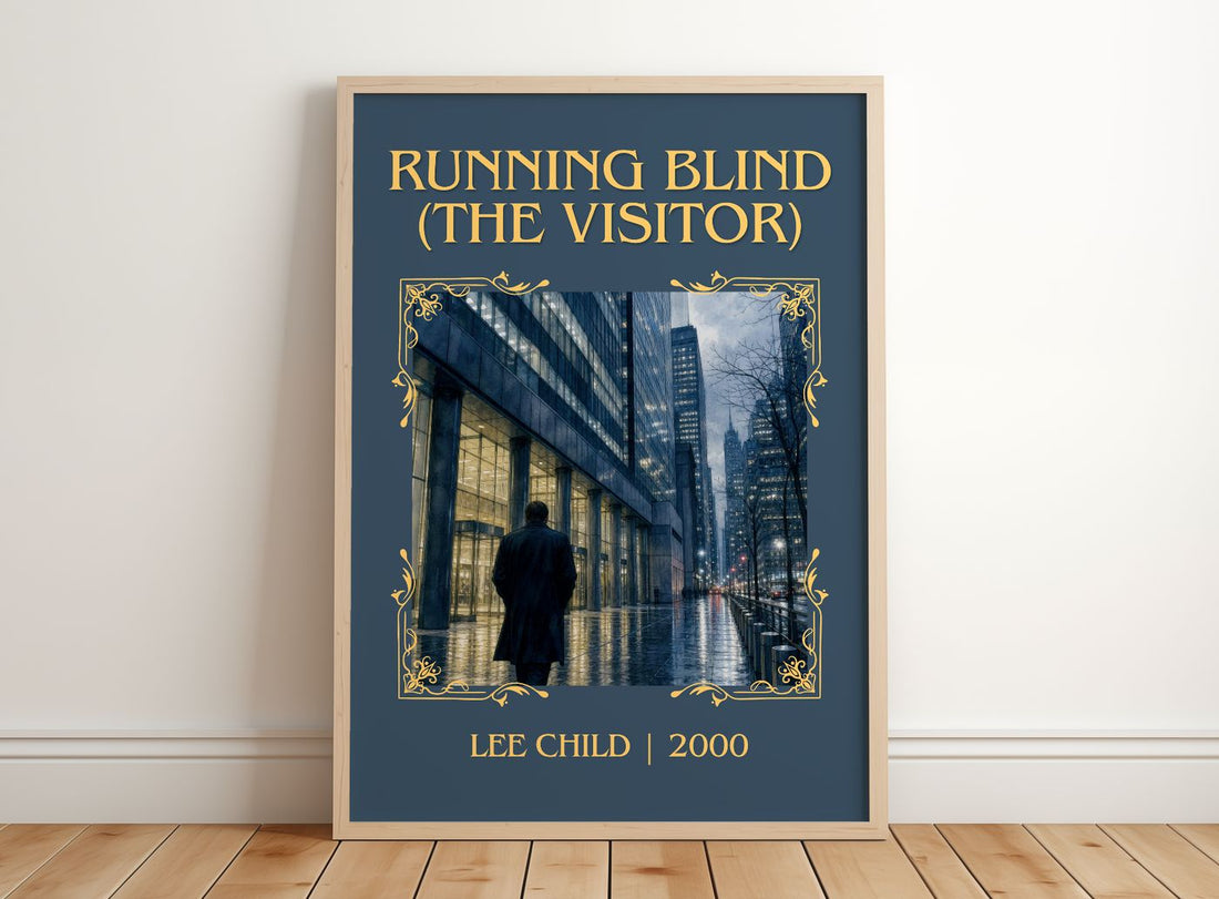 Running Blind (The Visitor) Classic Book Art Print by Lee Child – framed print leaning on a wooden floor