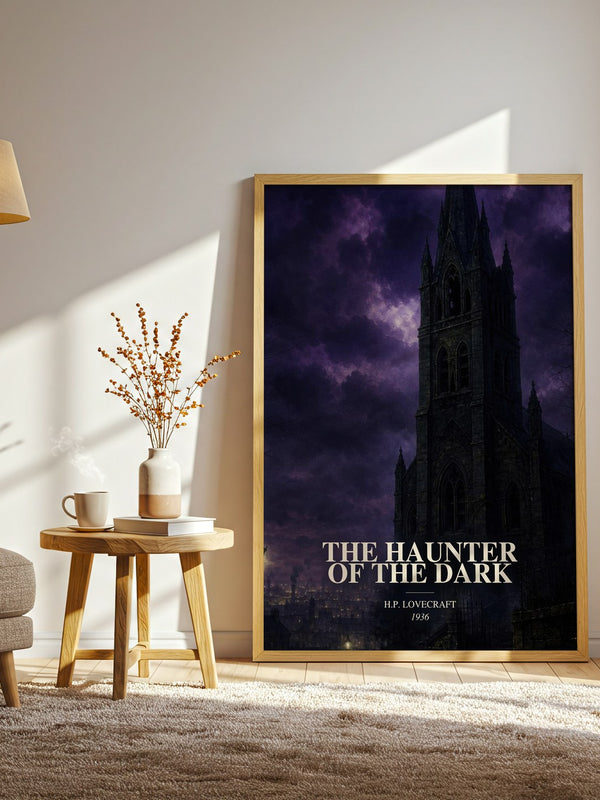 The Haunter Of The Dark watercolour print in frame leaning in hallway – horror wall art