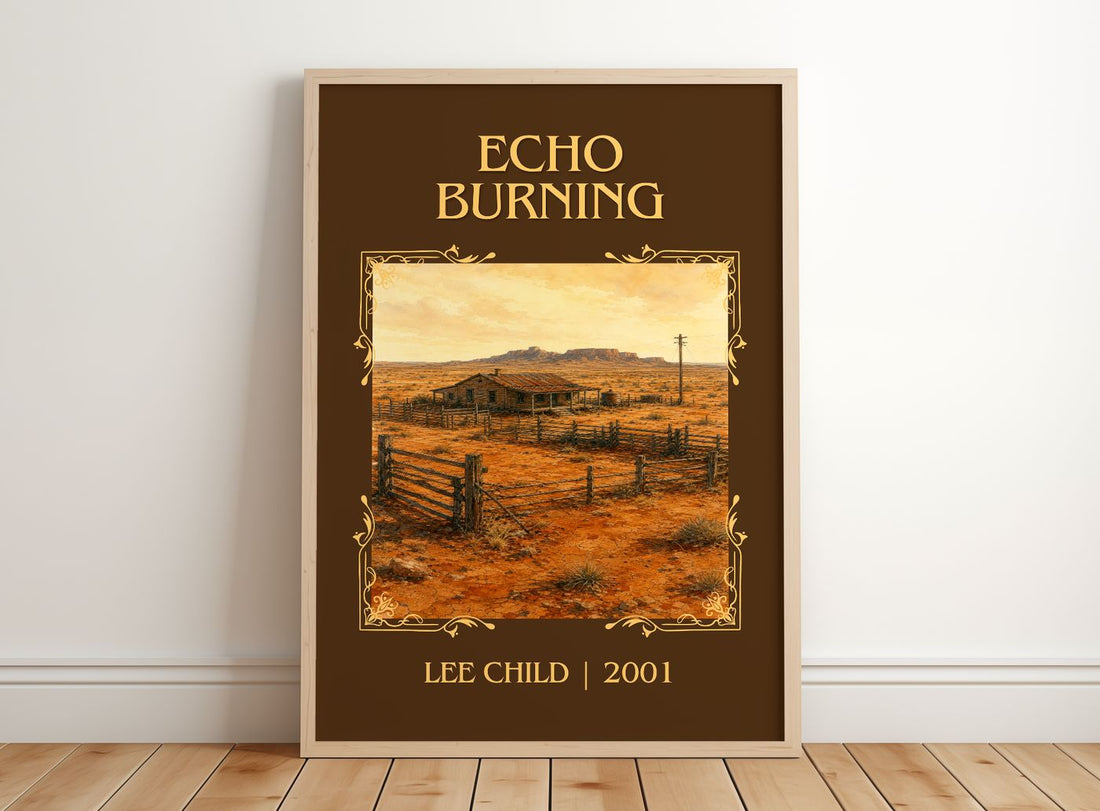 Echo Burning Classic Book Art Print by Lee Child – framed print leaning on a wooden floor