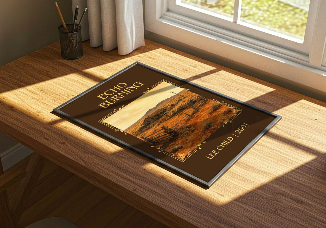 Echo Burning Classic Book Art Print by Lee Child – print on a sunlit desk