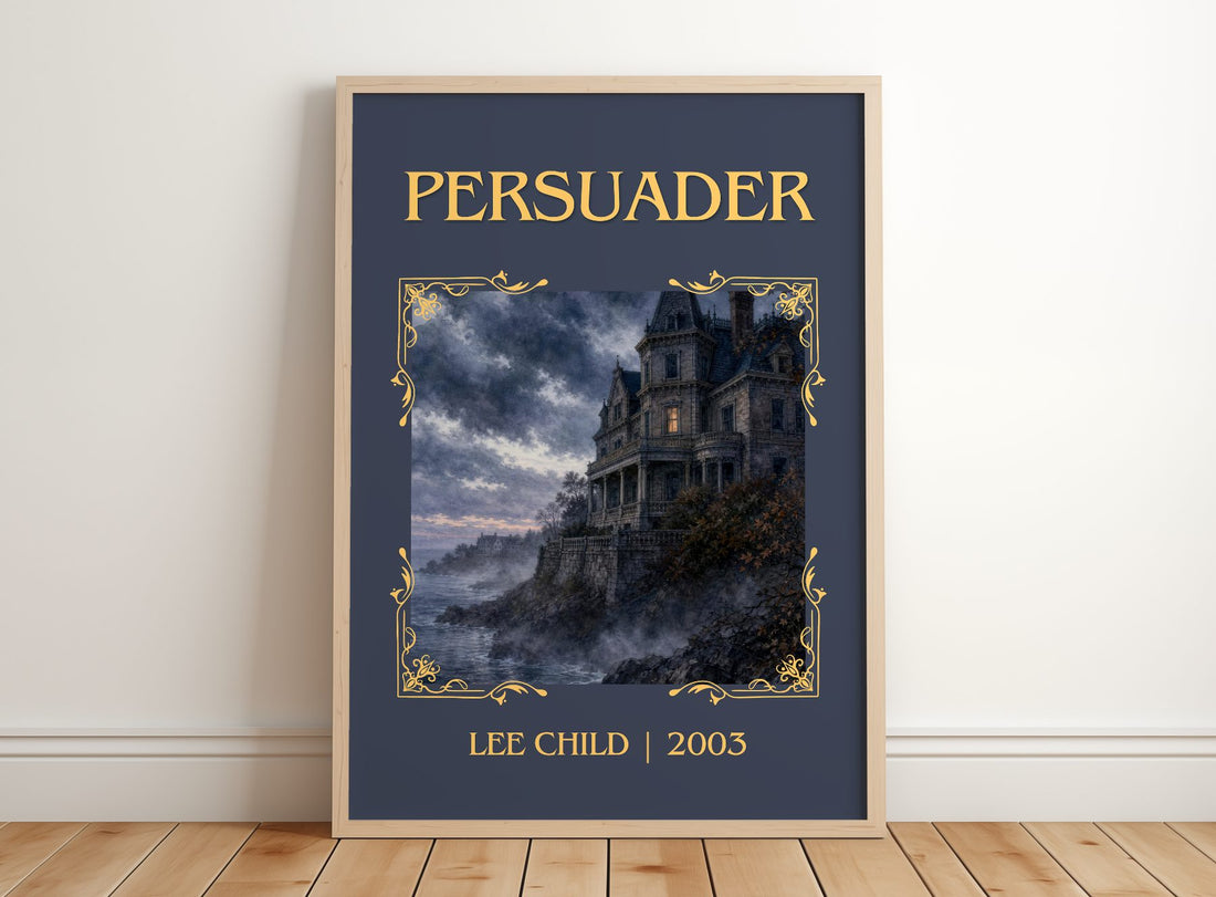 Persuader Classic Book Art Print by Lee Child – framed print leaning on a wooden floor