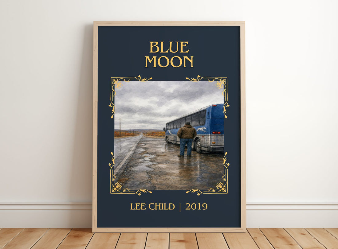 Blue Moon Classic Book Art Print by Lee Child – framed print leaning on a wooden floor