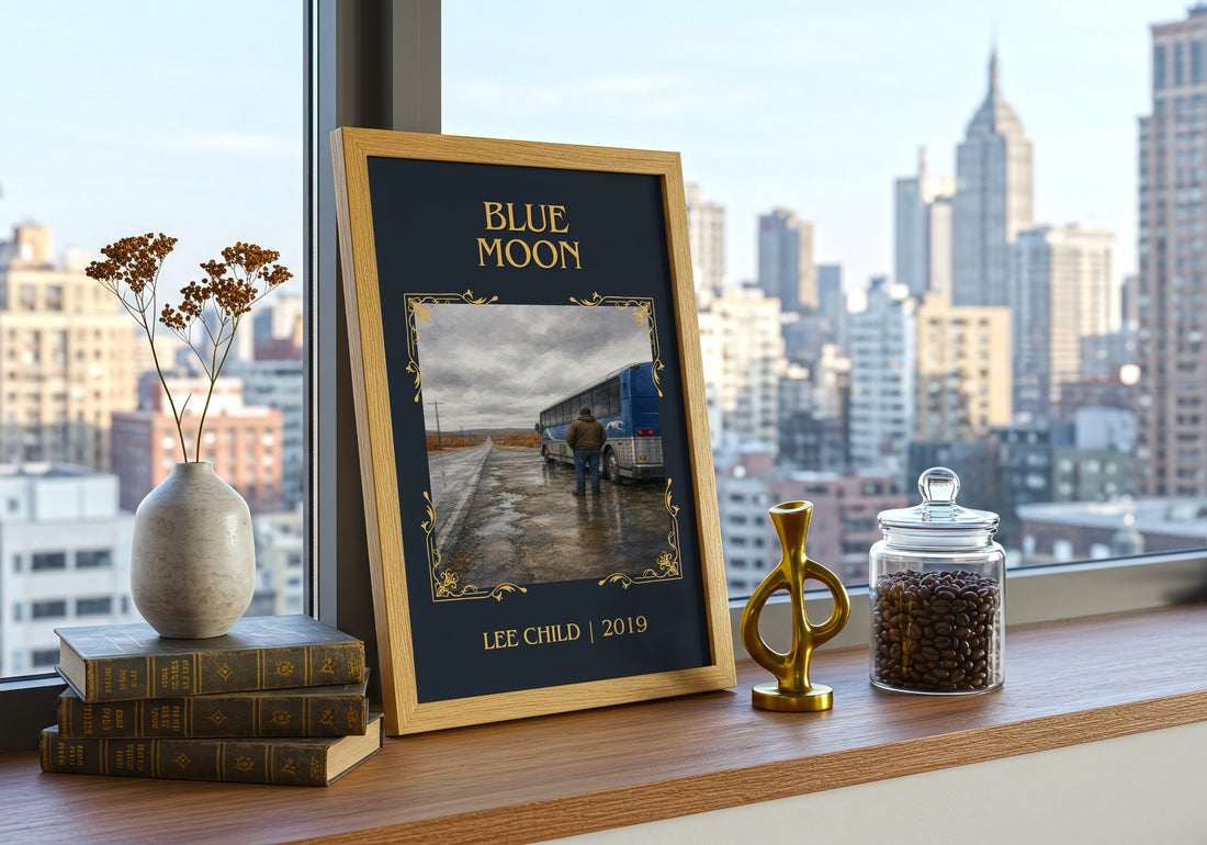 Blue Moon Classic Book Art Print by Lee Child – framed print on a city-view windowsill