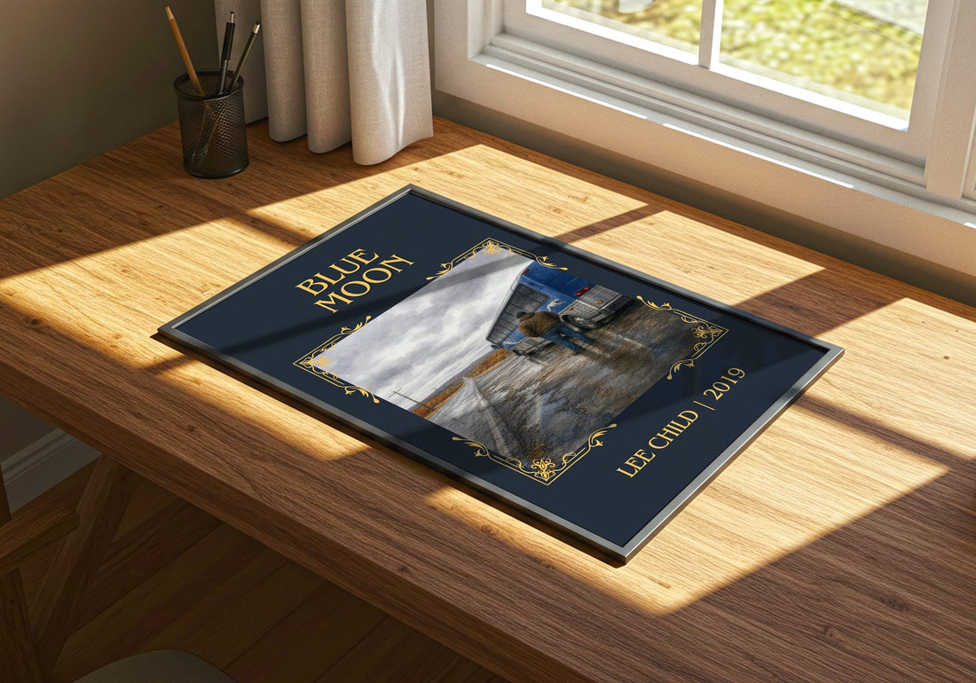Blue Moon Classic Book Art Print by Lee Child – print on a sunlit desk