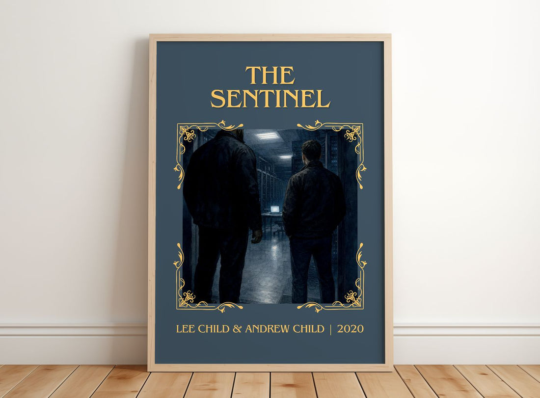 The Sentinel Classic Book Art Print by Lee Child & Andrew Child – framed print leaning on a wooden floor