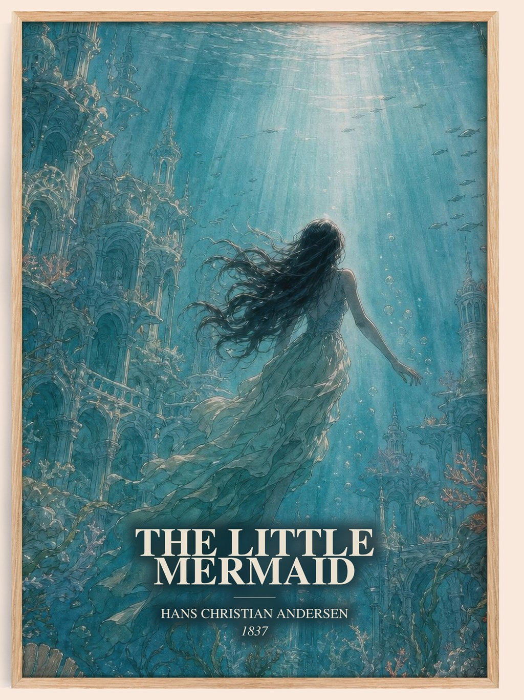 The Little Mermaid watercolour book poster by Hans Christian Andersen – framed literary art print