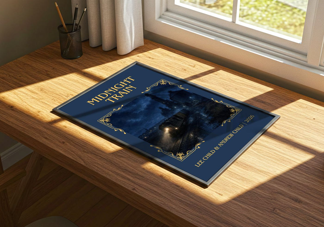 Midnight Train Classic Book Art Print by Lee Child & Andrew Child – print on a sunlit desk
