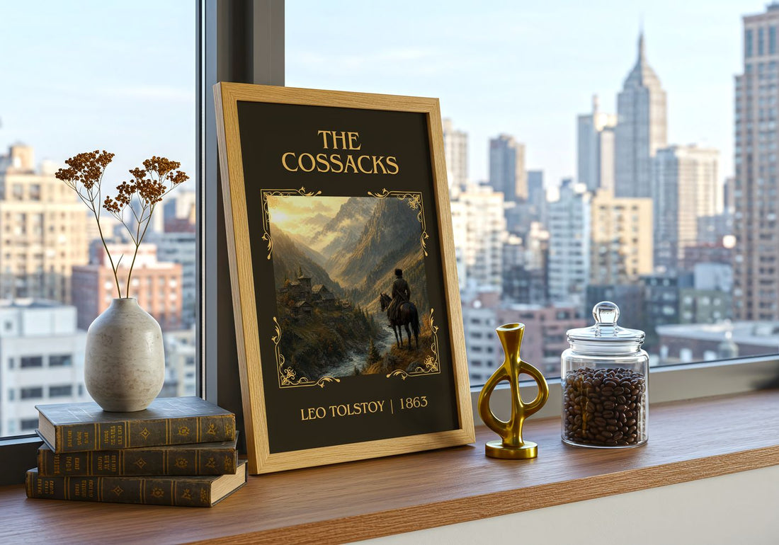 The Cossacks Classic Book Art Print by Leo Tolstoy – framed print on a city-view windowsill