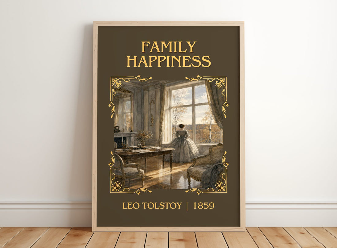 Family Happiness Classic Book Art Print by Leo Tolstoy – framed print leaning on a wooden floor