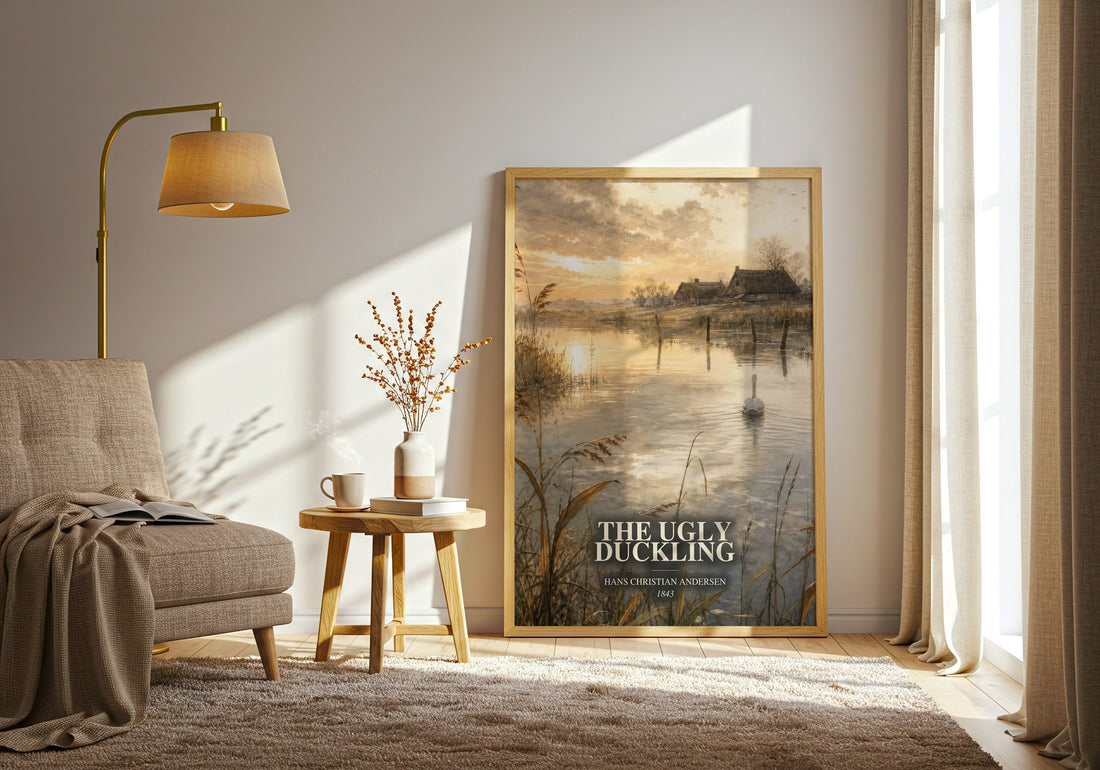 The Ugly Duckling watercolour print in frame leaning in hallway – childrens wall art (mockup)