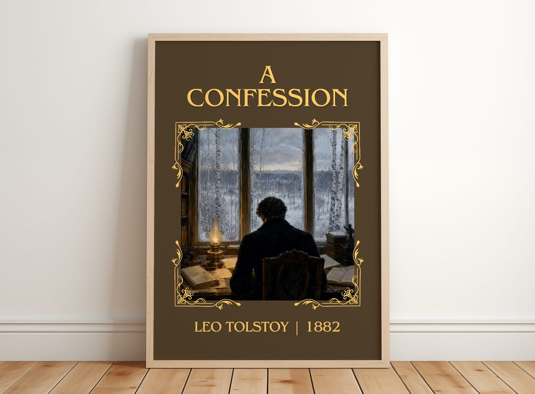 A Confession Classic Book Art Print by Leo Tolstoy – framed print leaning on a wooden floor