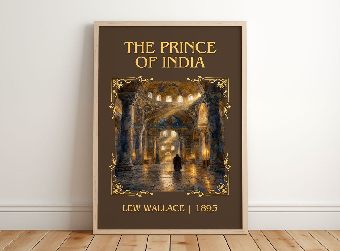 The Prince Of India Classic Book Art Print by Lew Wallace – framed print leaning on a wooden floor