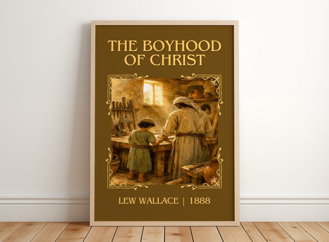 The Boyhood Of Christ Classic Book Art Print by Lew Wallace – framed print leaning on a wooden floor