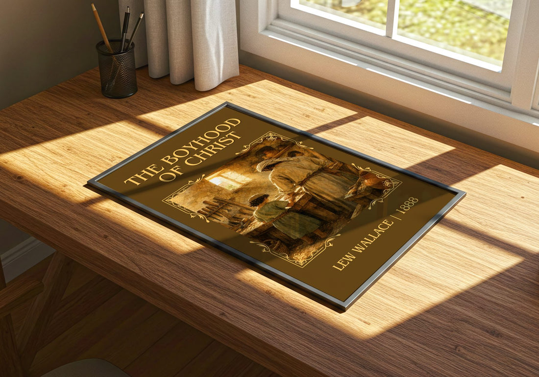 The Boyhood Of Christ Classic Book Art Print by Lew Wallace – print on a sunlit desk