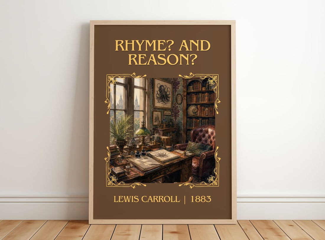Rhyme? And Reason? Classic Book Art Print by Lewis Carroll – framed print leaning on a wooden floor
