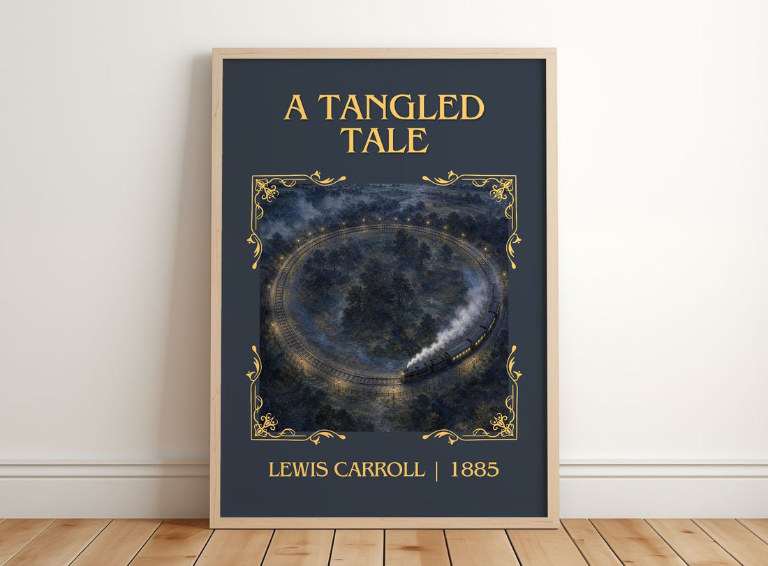A Tangled Tale Classic Book Art Print by Lewis Carroll – framed print leaning on a wooden floor