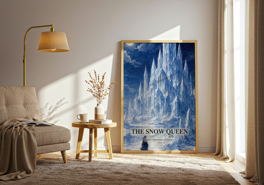 The Snow Queen watercolour print in frame leaning in hallway – childrens wall art (mockup)