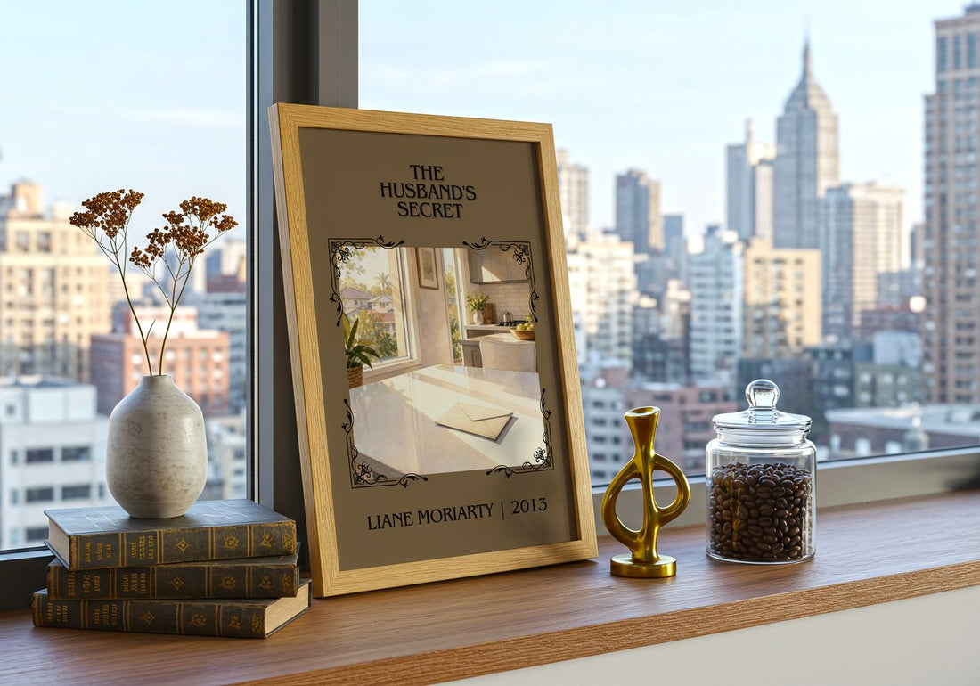 The Husband's Secret Classic Book Art Print by Liane Moriarty – framed print on a city-view windowsill