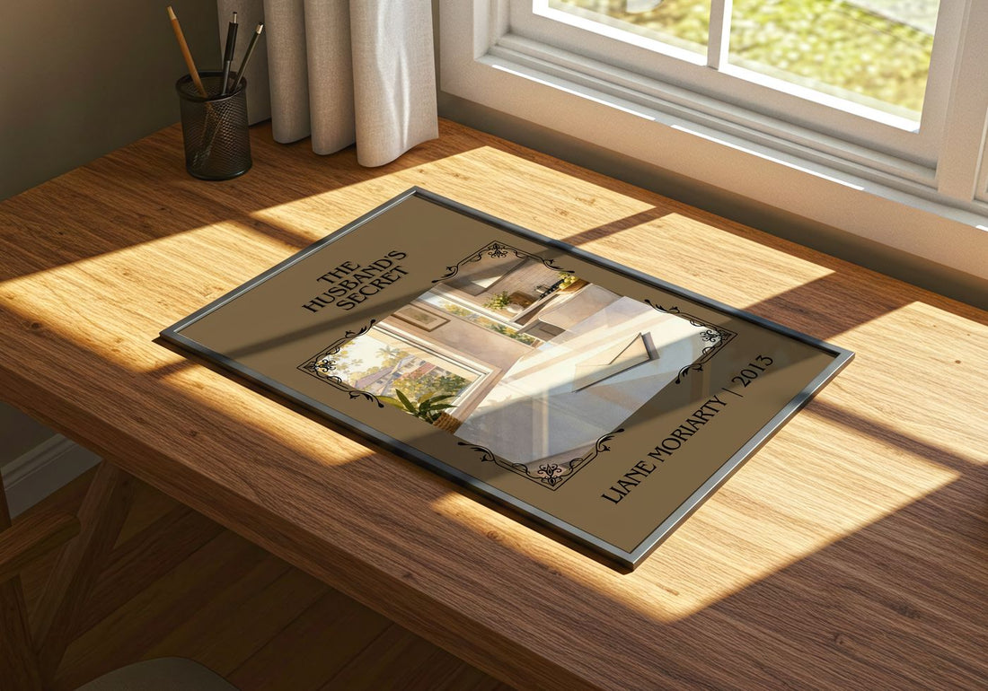 The Husband's Secret Classic Book Art Print by Liane Moriarty – print on a sunlit desk