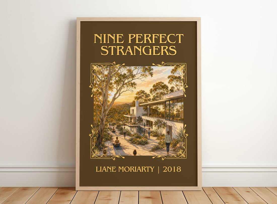 Nine Perfect Strangers Classic Book Art Print by Liane Moriarty – framed print leaning on a wooden floor