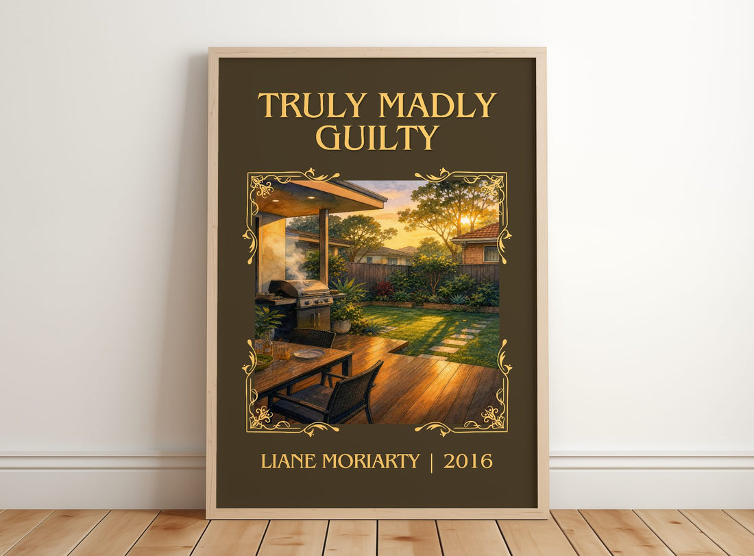 Truly Madly Guilty Classic Book Art Print by Liane Moriarty – framed print leaning on a wooden floor