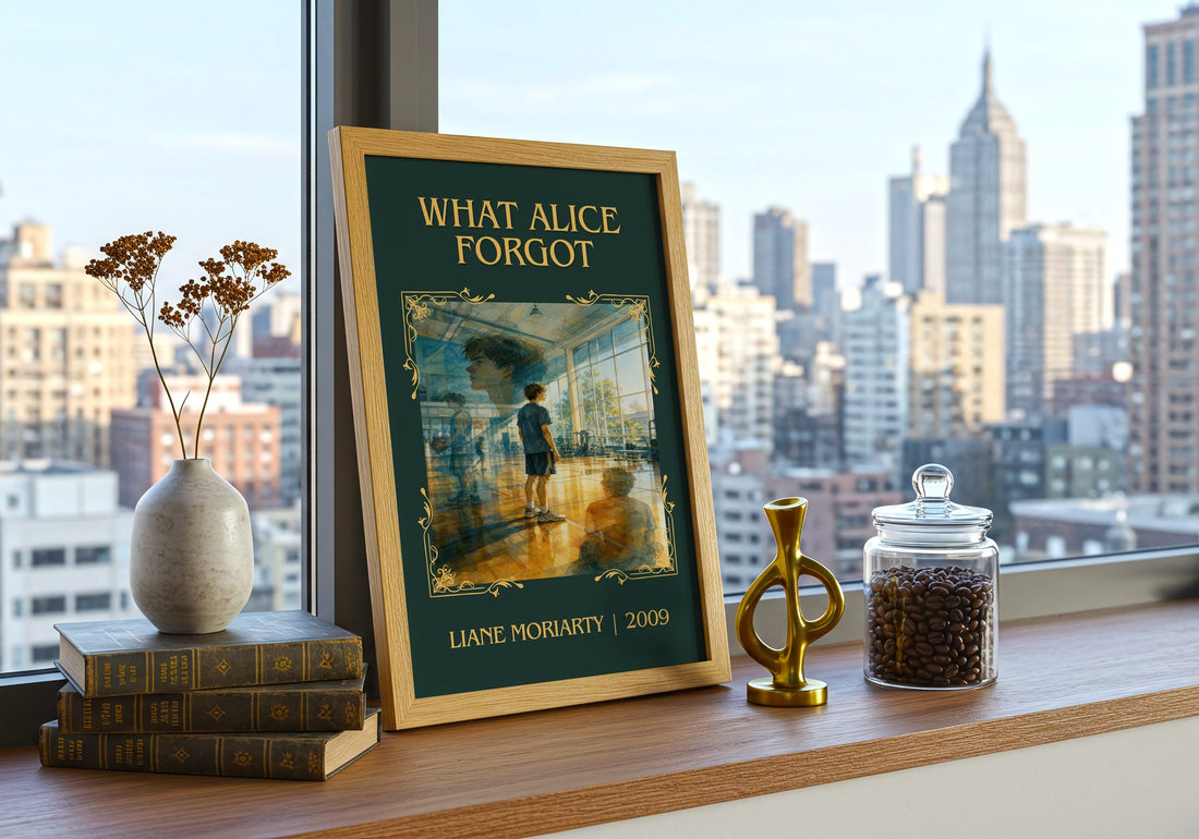 What Alice Forgot Classic Book Art Print by Liane Moriarty – framed print on a city-view windowsill