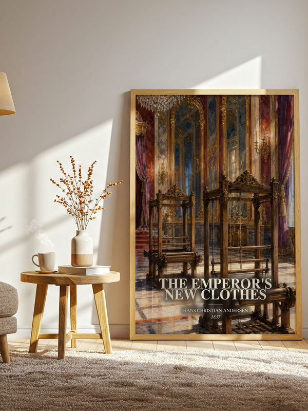 The Emperor'S New Clothes watercolour print in frame leaning in hallway – childrens wall art