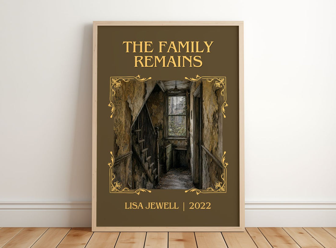 The Family Remains Classic Book Art Print by Lisa Jewell – framed print leaning on a wooden floor
