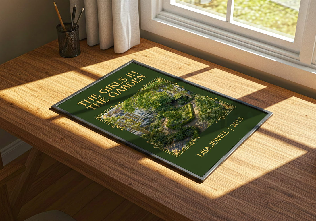 The Girls In The Garden Classic Book Art Print by Lisa Jewell – print on a sunlit desk