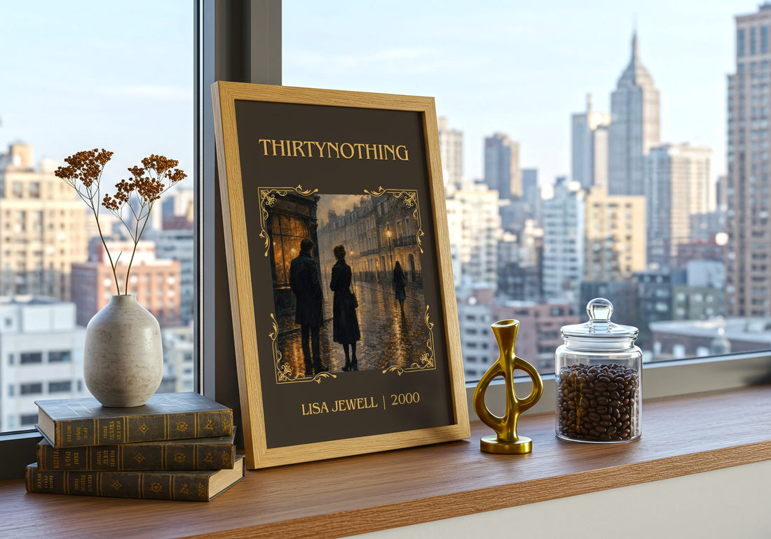 Thirtynothing Classic Book Art Print by Lisa Jewell – framed print on a city-view windowsill