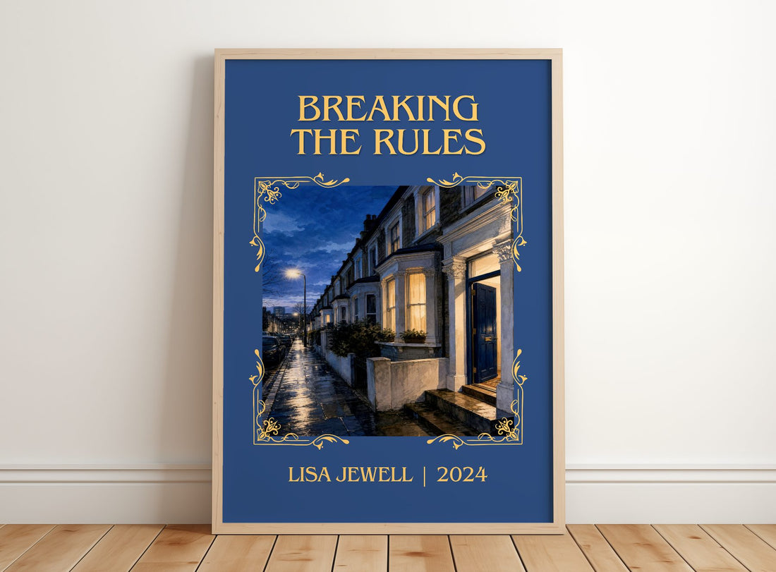 Breaking The Rules Classic Book Art Print by Lisa Jewell – framed print leaning on a wooden floor