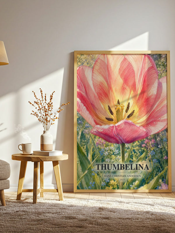 Thumbelina watercolour print in frame leaning in hallway – childrens wall art