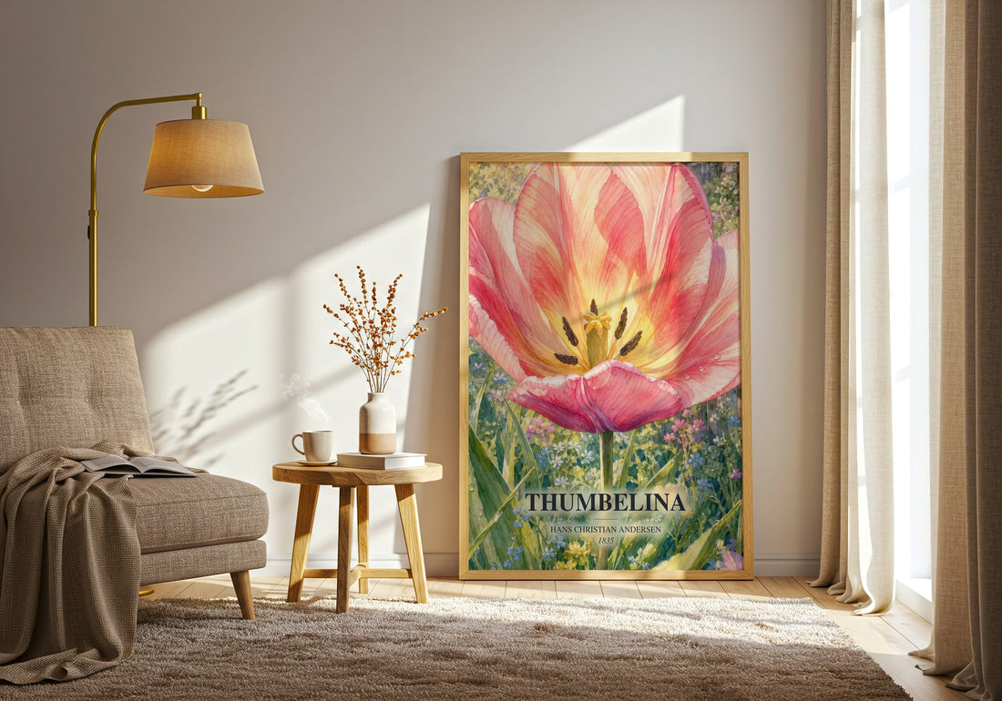 Thumbelina watercolour print in frame leaning in hallway – childrens wall art (mockup)