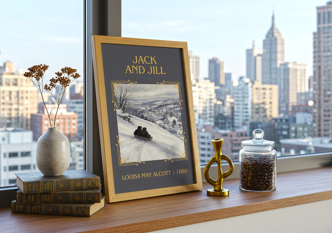 Jack And Jill Classic Book Art Print by Louisa May Alcott – framed print on a city-view windowsill