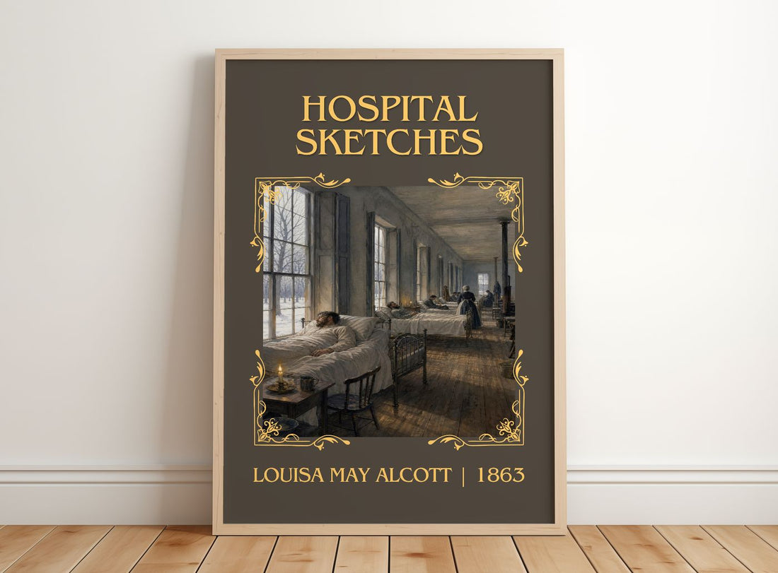 Hospital Sketches Classic Book Art Print by Louisa May Alcott – framed print leaning on a wooden floor