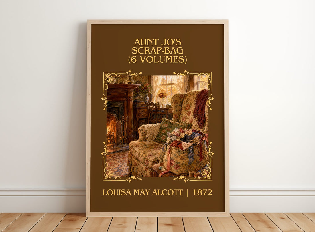Aunt Jo's Scrap-Bag (6 Volumes) Classic Book Art Print by L. Alcott – framed print leaning on a wooden floor