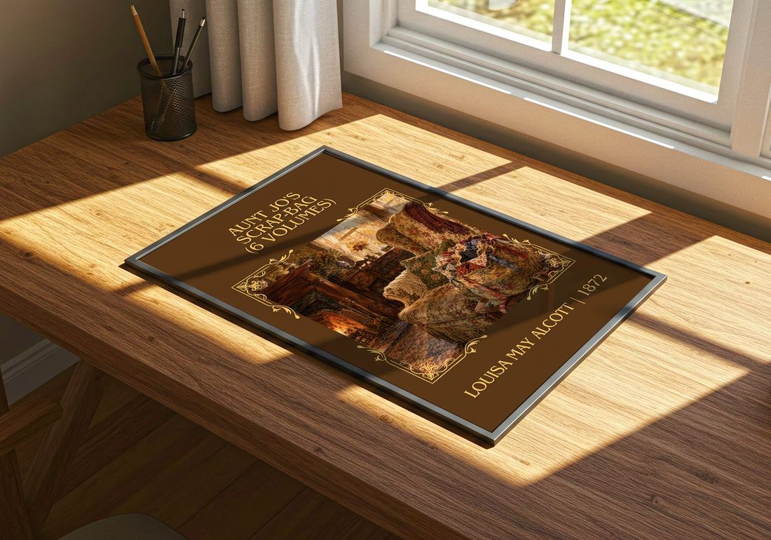 Aunt Jo's Scrap-Bag (6 Volumes) Classic Book Art Print by L. Alcott – print on a sunlit desk