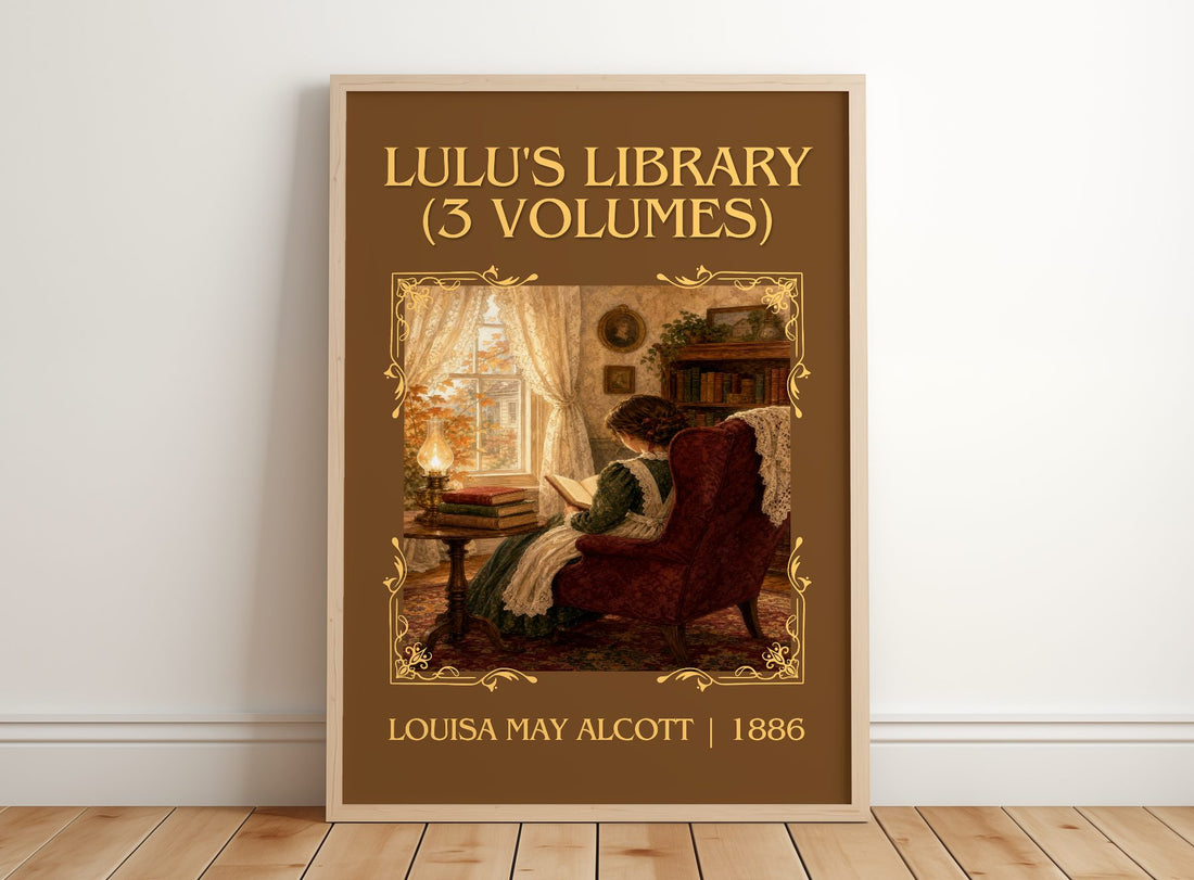 Lulu's Library (3 Volumes) Classic Book Art Print by Louisa May Alcott – framed print leaning on a wooden floor