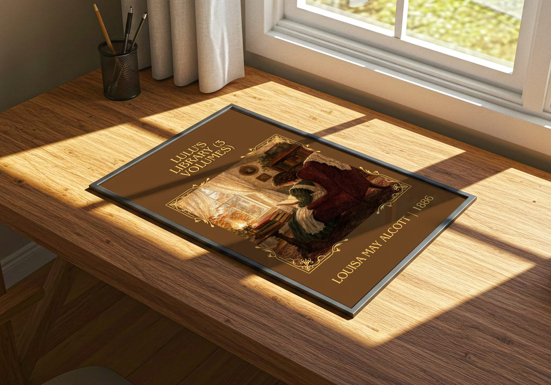 Lulu's Library (3 Volumes) Classic Book Art Print by Louisa May Alcott – print on a sunlit desk