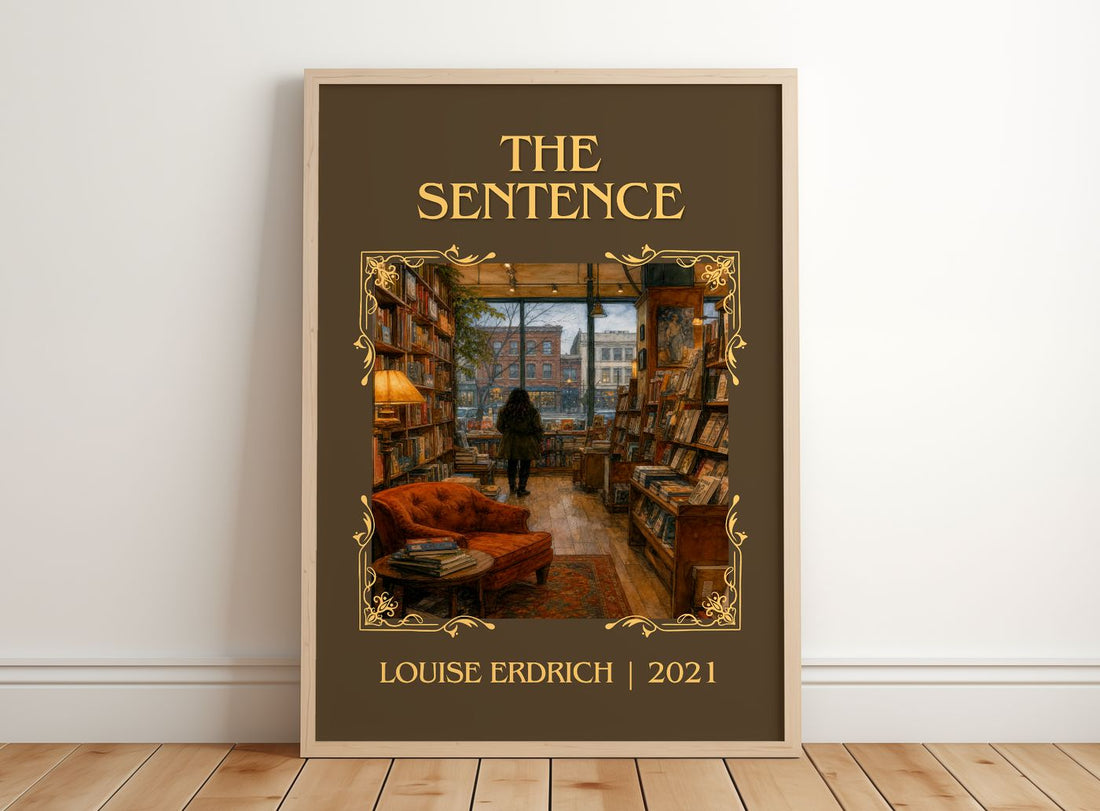 The Sentence Classic Book Art Print by Louise Erdrich – framed print leaning on a wooden floor