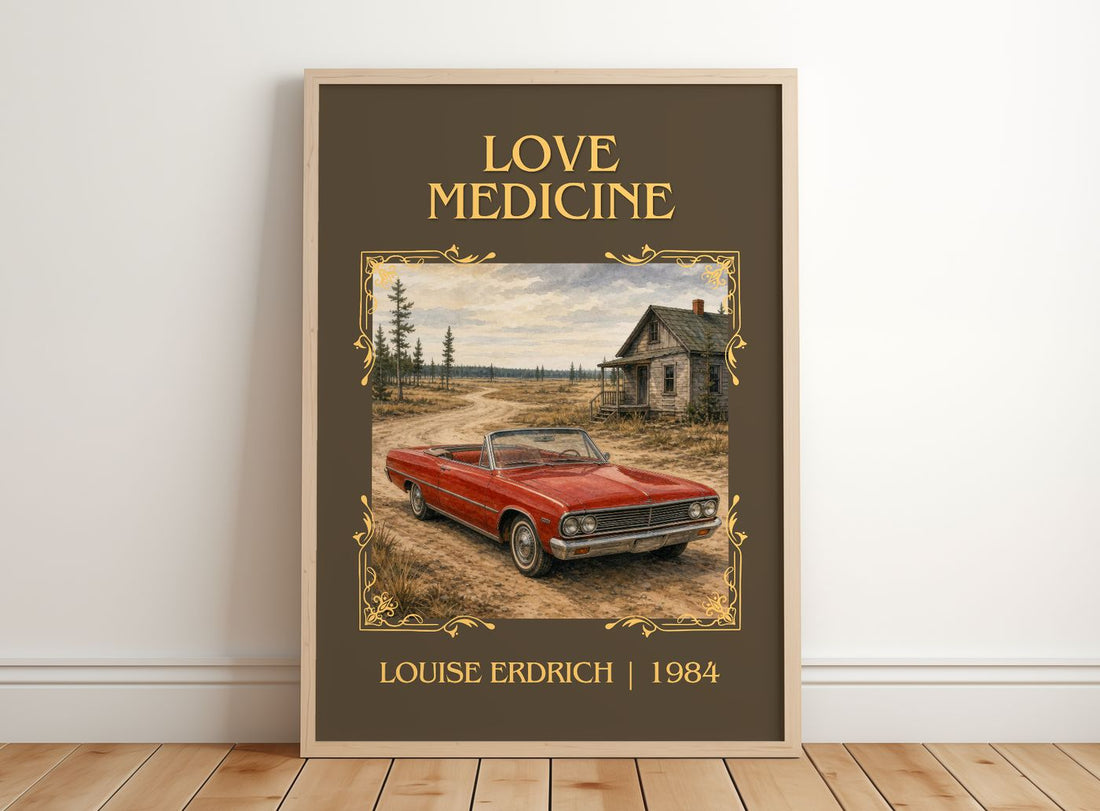 Love Medicine Classic Book Art Print by Louise Erdrich – framed print leaning on a wooden floor