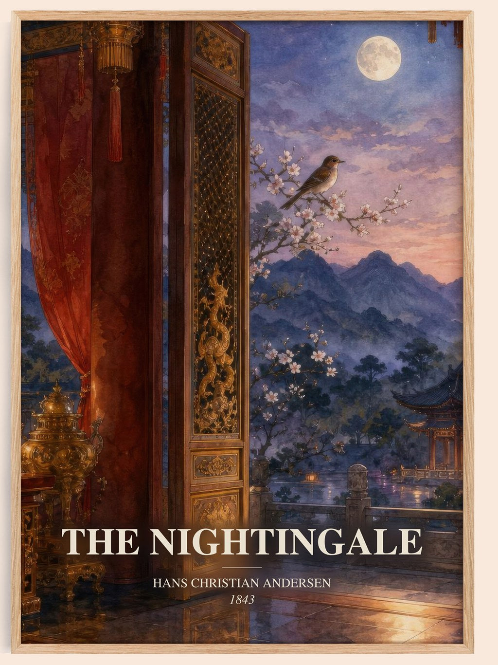 The Nightingale watercolour book poster by Hans Christian Andersen – framed literary art print