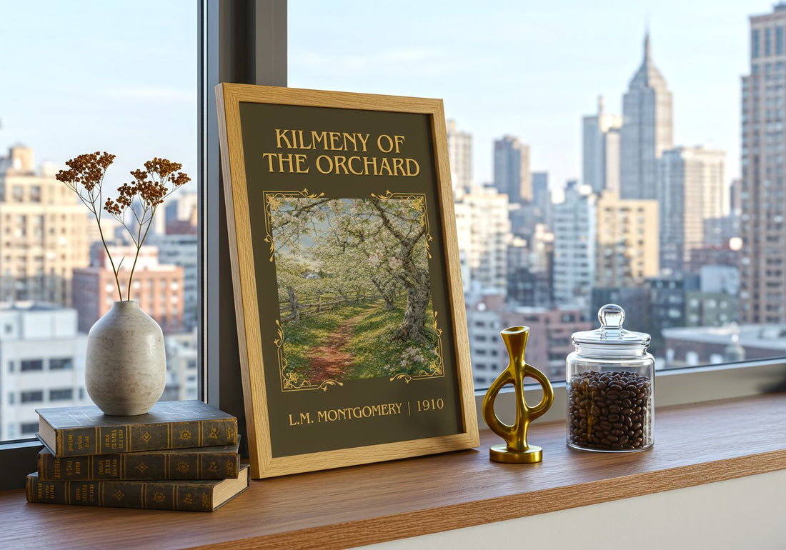 Kilmeny Of The Orchard Classic Book Art Print by L.M. Montgomery – framed print on a city-view windowsill