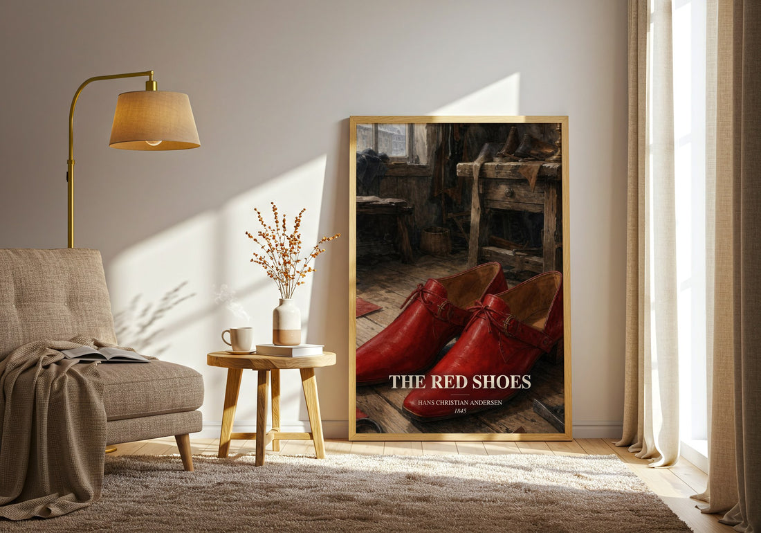 The Red Shoes watercolour print in frame leaning in hallway – childrens wall art (mockup)